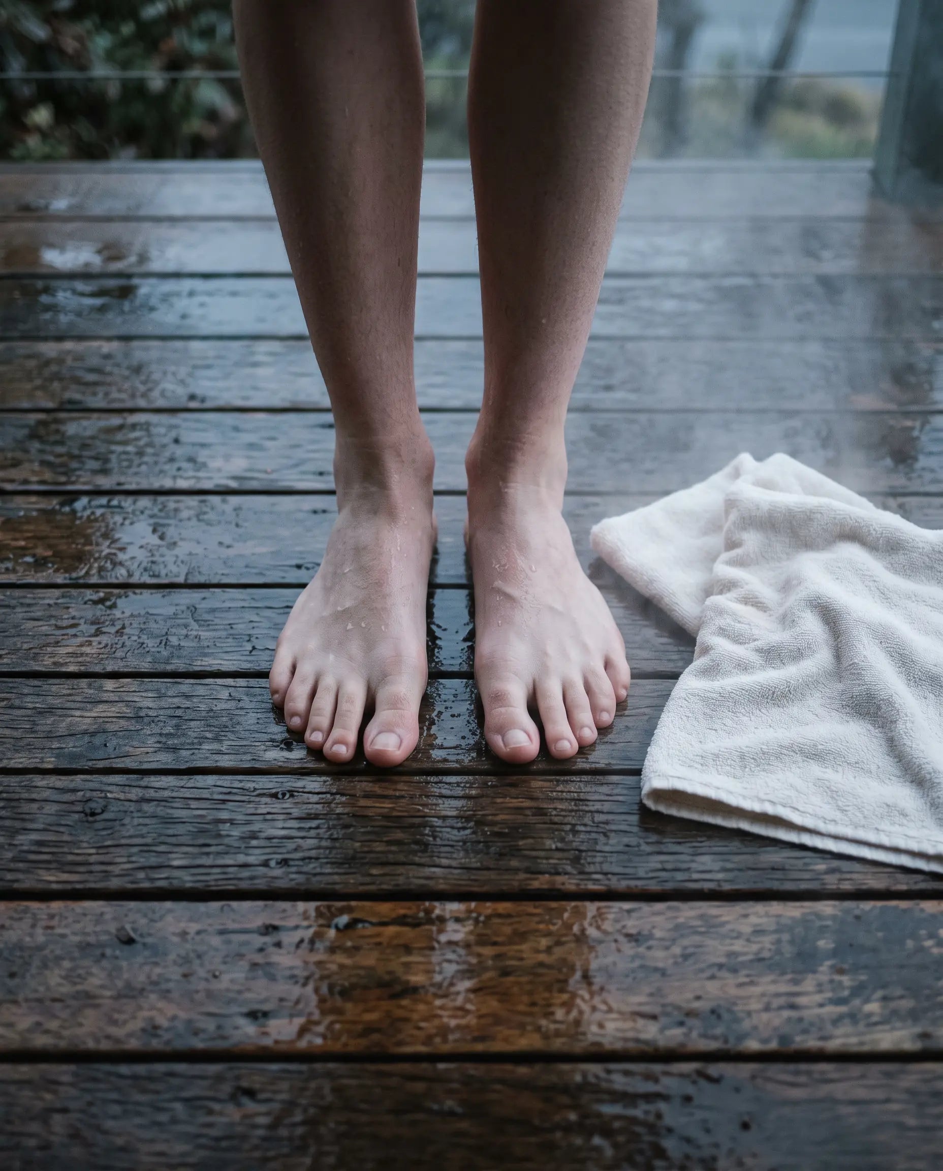 Bare feet on a wet timber deck in early morning light
